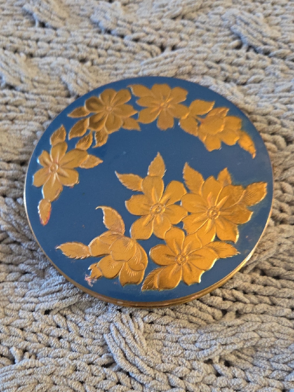 Blue Compact Mirror with Gold Floral Design. Brass And Enamel